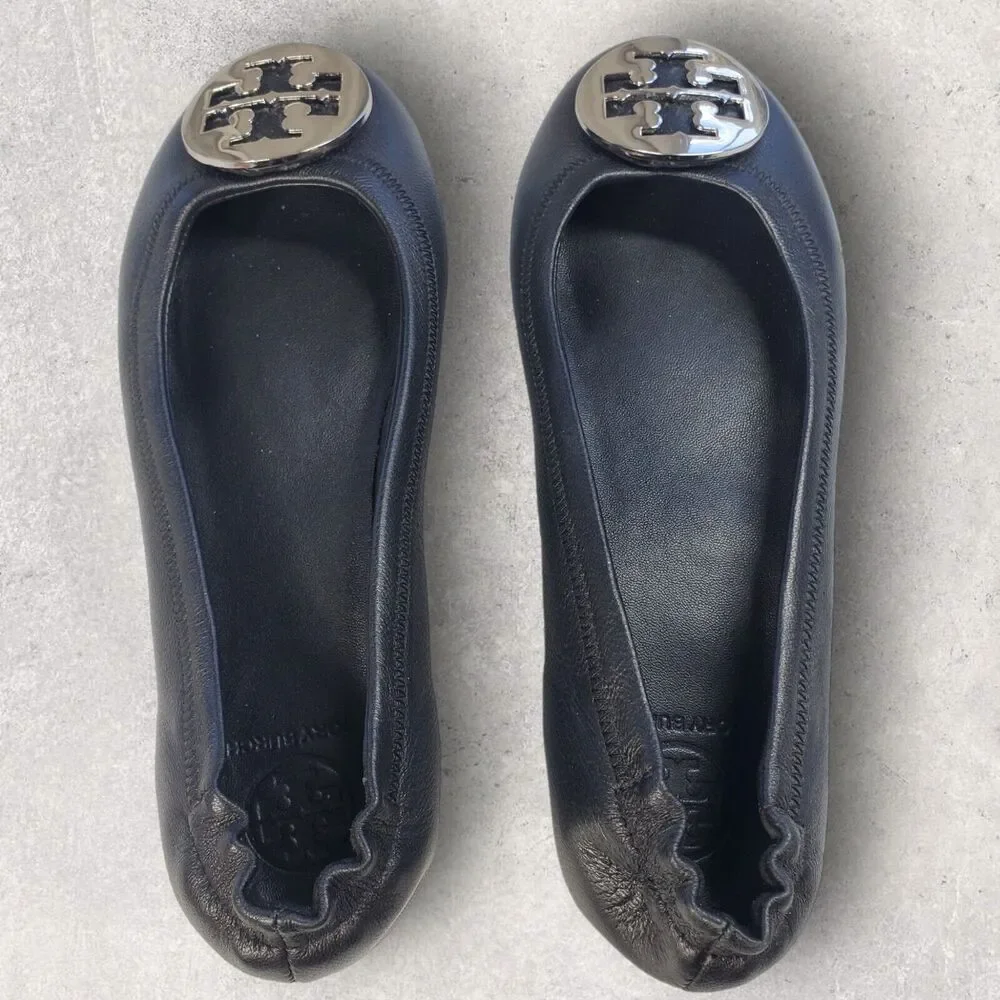 Tory Burch Womens Black Leather Shoes Size 5 Logo Minnie Travel Ballet Flats